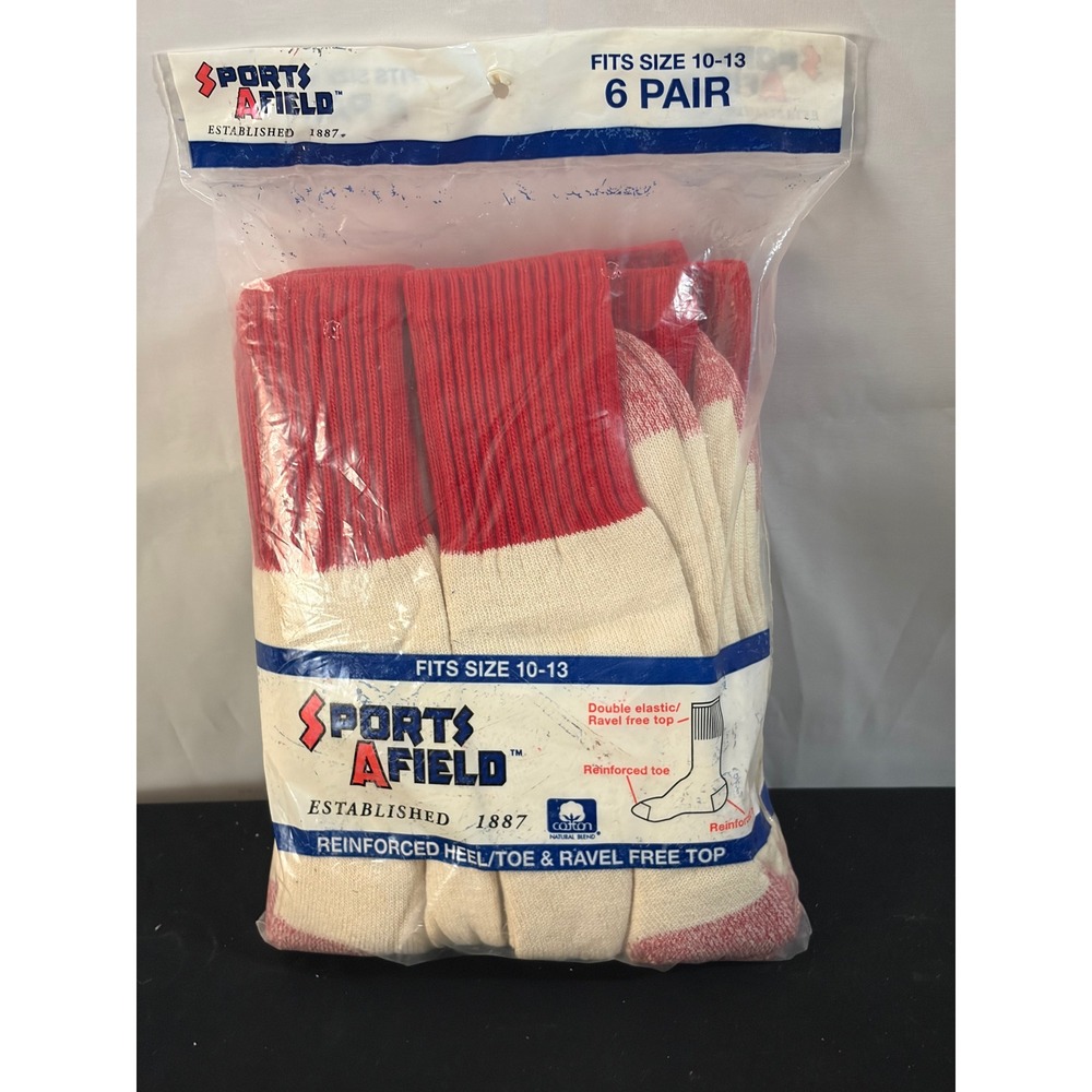 Sports Afield Boot Socks Mens 10-13 Red Natural NEW 6 Pair Reinforced Heel Toe